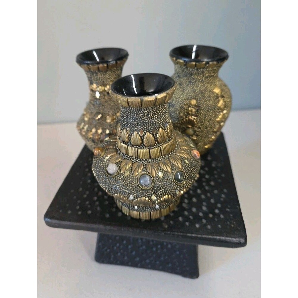 Set Of 3 Vtg Ceramic Bud Vases Hand Decorated w/ Beads, Mirrors, Natural Stones